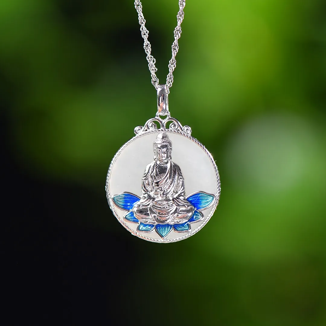 S925 Серебряный инкрустированный нефритом Хэтянь круглый плоский эмалевый