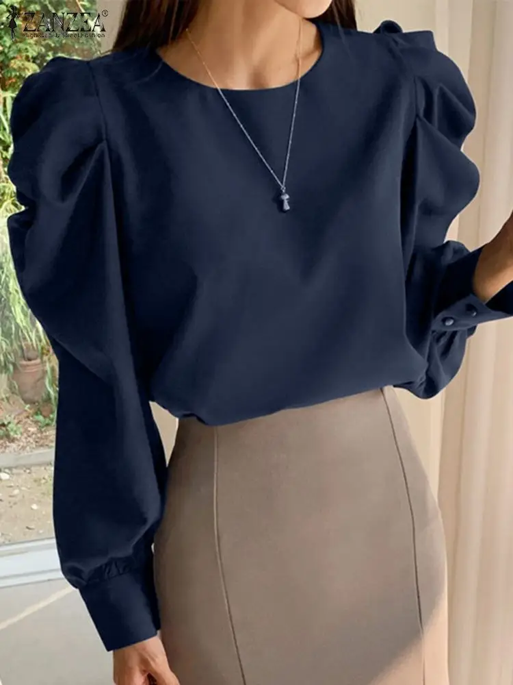 

ZANZEA Solid Blouse Office Lady Elegant Tops 2022 Fashion Puff Sleeve Blusas Women Party O Neck Shirts Oversized Spring Camisas