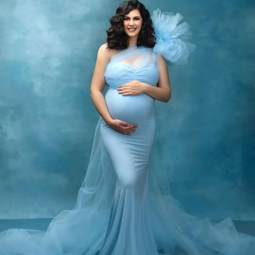 

Sky Blue Maternity Dresses 2 Pcs Women Photoshoot Gown Elastic Long Mermaid Baby Shower Dress