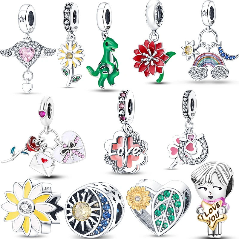 925 Sterling Silver Charms Beads Sunflower Dinosaur Rainbow Envelope Fit Original Pandora Bracelets DIY Jewelry Festival Gifts