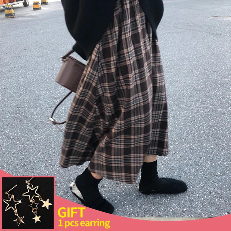 

2022 Women Plaid Skirts Spring Autumn Loose High Waist Style Midi Elegant Long Skirt Fashion Streetwear Woman Clothing Skirts