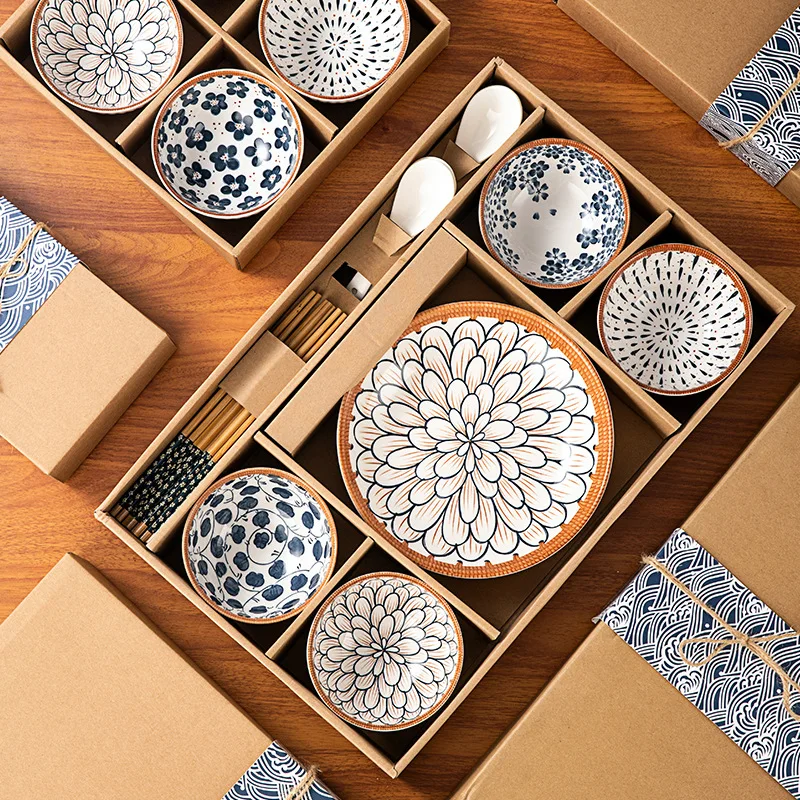 Japanese Ceramic Cereal Bowl Set Dessert Salad Snack Bowl Kitchen Noodle Bowl Tableware Set Microwave Safe Gift Box