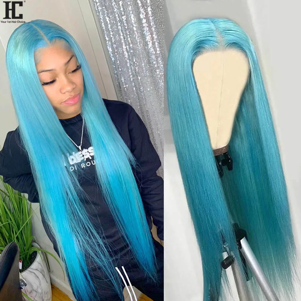 Light Blue 13x4 Lace Frontal Wigs 36 38 Inch Sky Blue Human Hair Lace Front Colored Wigs HD Transparent 13x1 Lace Part Wig 150%