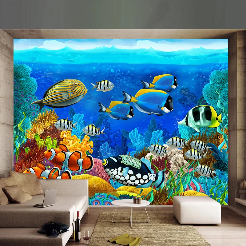 

Custom 3D Cartoon Mural Wallpaper For Kids Room Wall Paper Underwater World Fish Coral And Aquatic Plants Home Decoration Fresco