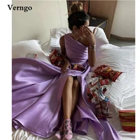 verngo lilac satin long evening dresses one shoulder pleats side slit women prom dress formal party gowns arabic women vestidos