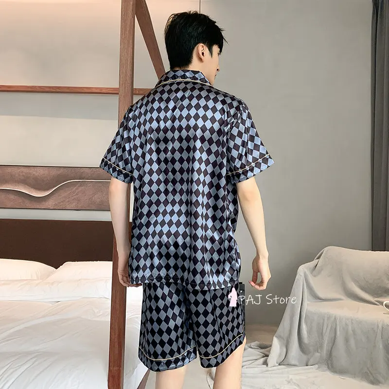 Men Pajama Sets Silk Satin Pijama Turn-down Collar Sleepwear Short Sleeve Spring Nightwear 2 Pieces Sets Homewear L-5XL