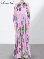 french fashion purple printed dresses 2022 early autumn high end elegant long sleeve slim fit light luxury pleated maxi dress