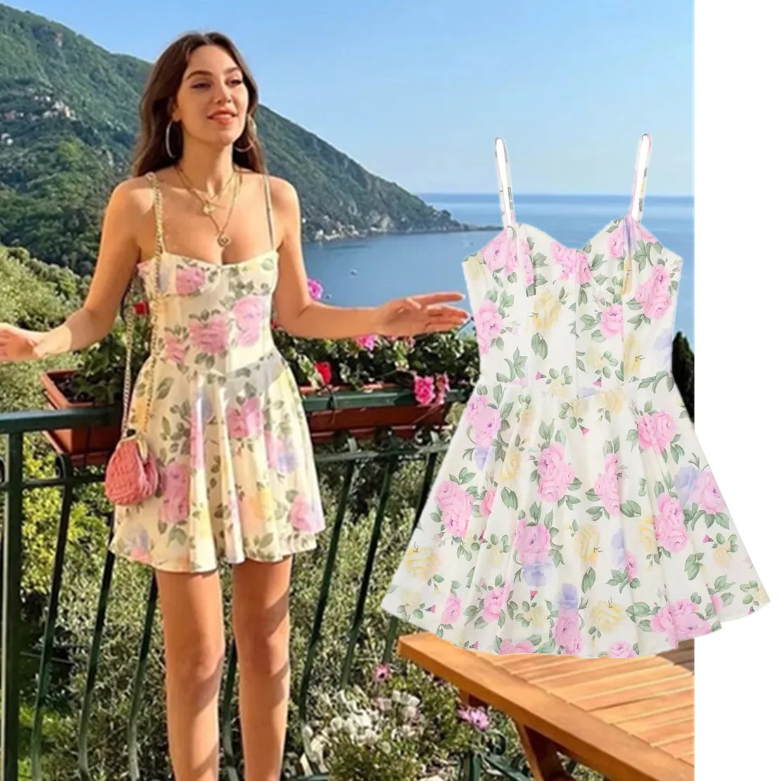 

Dave&Di French Style Indie Folk Retro Floral Print Fishbone Suspender Dress Fashion Elegant Casual Party Summer Dress Women