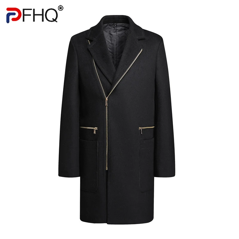 

PFHQ 2023 Trendy Asymmetric Zipper Closure Elegant Men's Trench Long Coat Stylish High Quality Woolen Jackets Windbreaker Luxury