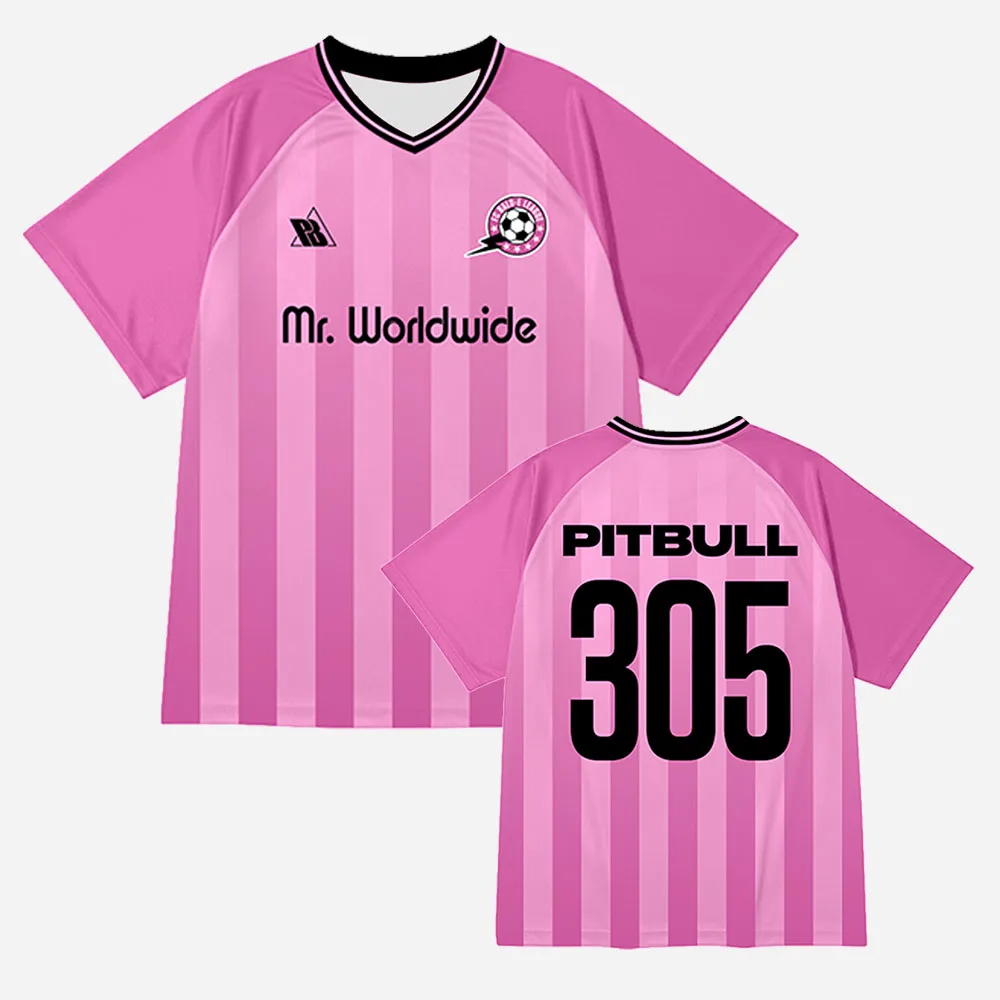 Фото Футболка Pitbull Mr. Worldwide 305 Pink Jersey, свободная летняя унисекс-футболка с коротким рукавом, повседневная уличная одежда, мужская футболка с V-образным вырезом и принтом №4