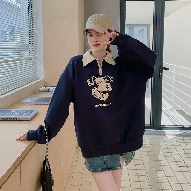 Vintage Cute Dog Head Navy POLO Shirt Oversized Sweatshirt Women Girls Kawaii Clothes Autumn Winter Y2K Top Korean Fashion 2022 images - 6