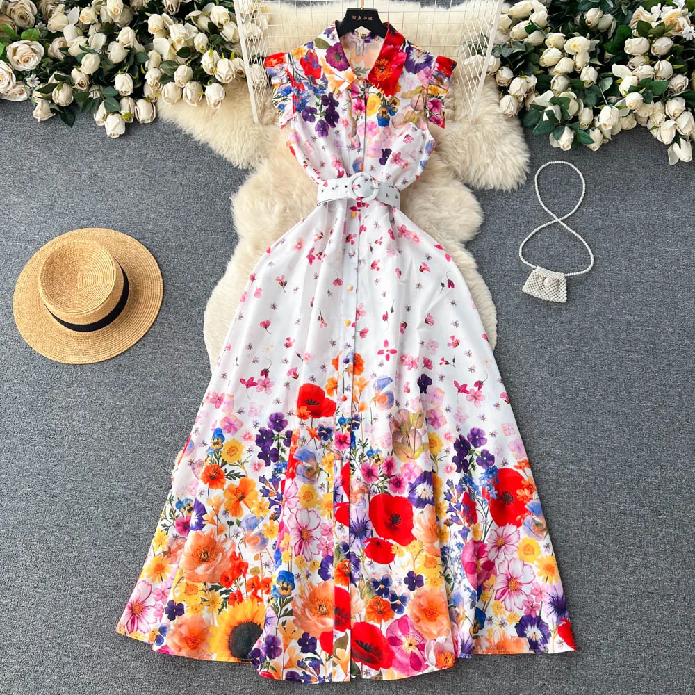 

New Retro Court Sleeveless Thin Floral Print A-line Maxi Dress Women Single Breasted Party Clothes Vestidos De Verano Mujer L031