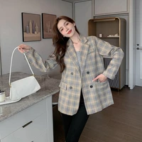 2022 spring new korean plaid coat leisure small suit women medium blazers notched double breasted office lady blaizer feminino