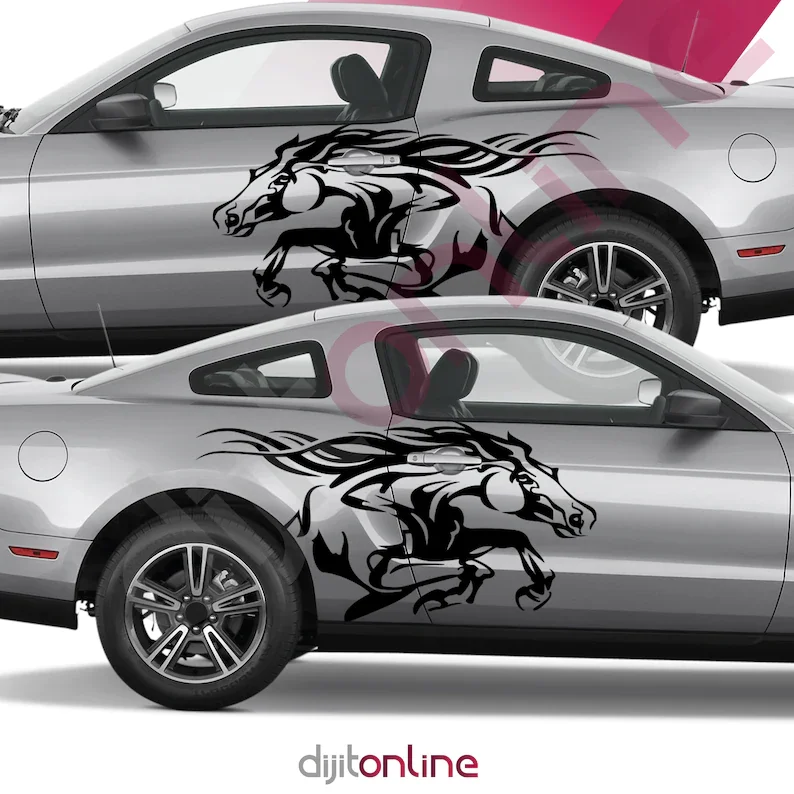 

2PCSx2 Horse Running Fits Mustang Pony Grunge Tattoo Design Tribal Door Bed Side Pickup Vehicle Truck Car Vinyl Graphic Decal