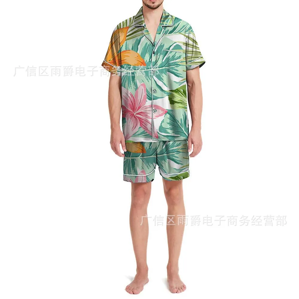 Men's Silk Pajamas 2pcs Short Sleeve Lapel Single-breasted Printed Shirts Shorts Home Clothing Lounge Wear Men Silk Satin Pajama