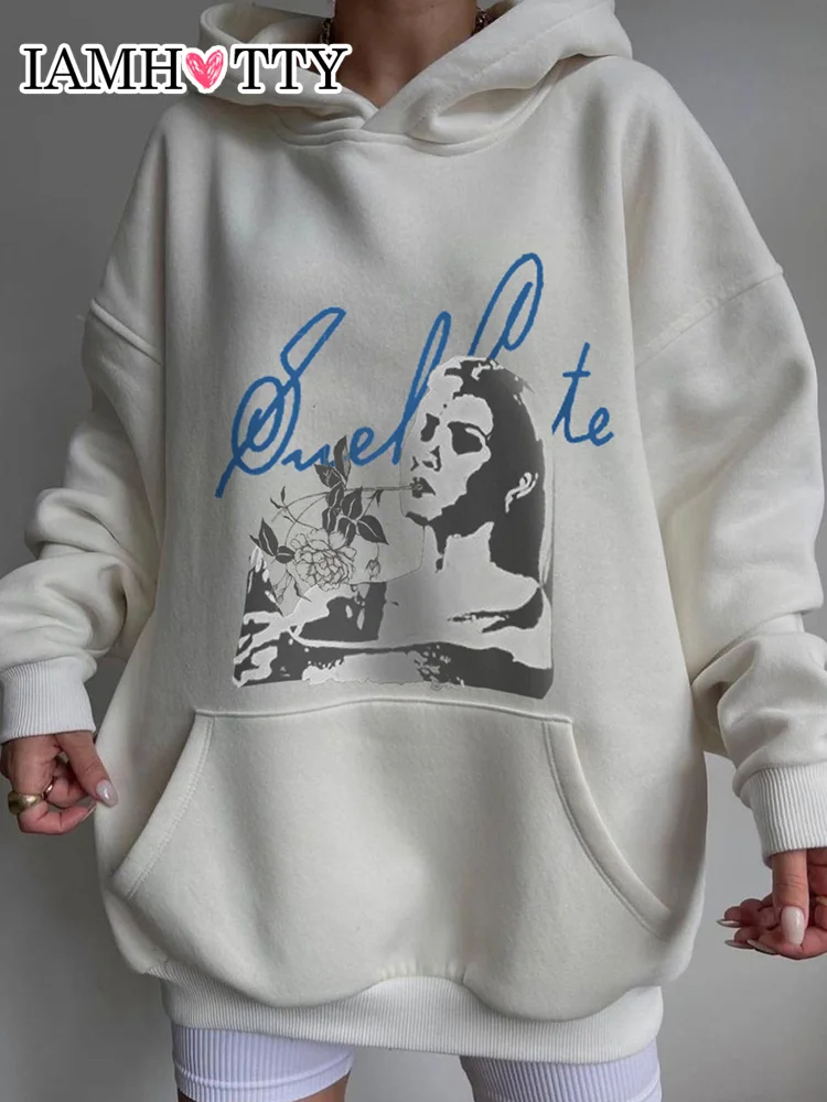 

IAMHOTTY Casual Abstract Print Loose Hoodie Harajuku Oversized Hooded Sweatshirt Autumn Vintage Streetwear Chic Cute Top Women
