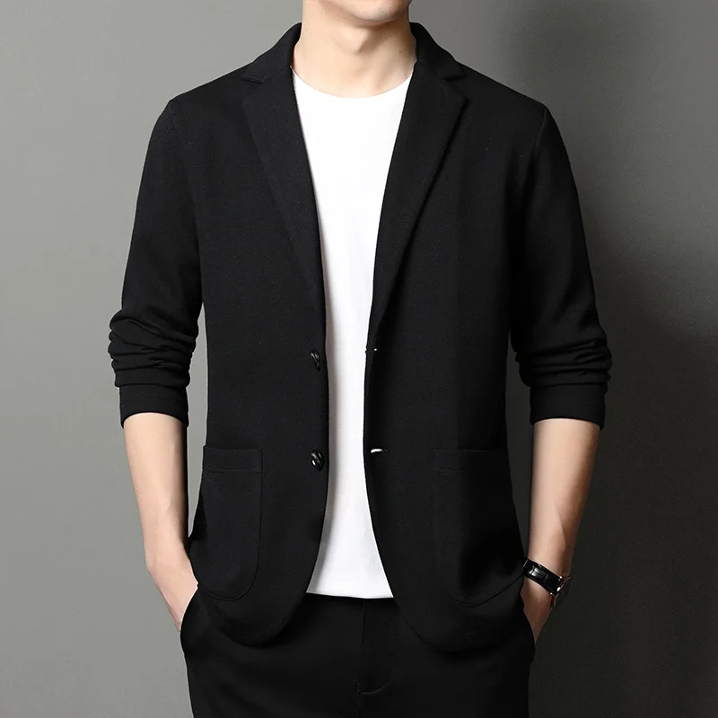 

2023 Spring and Autumn Solid Color Thick Knit Cardigan Versatile Suit Coat Fashion Lapel Sweater Men's Suit Coat