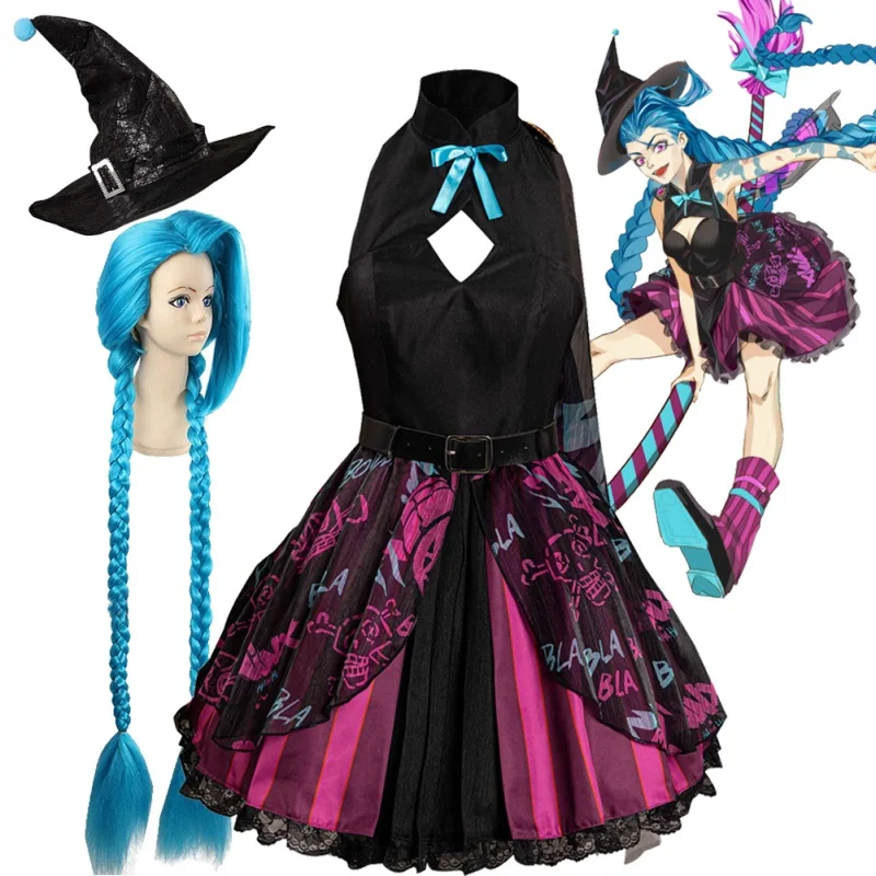 

Arcane Jinx Cosplay Costume Anime Game LoL Women Dress Wig Outfits Halloween Party Clothes For Ladies Role Play Fashion New