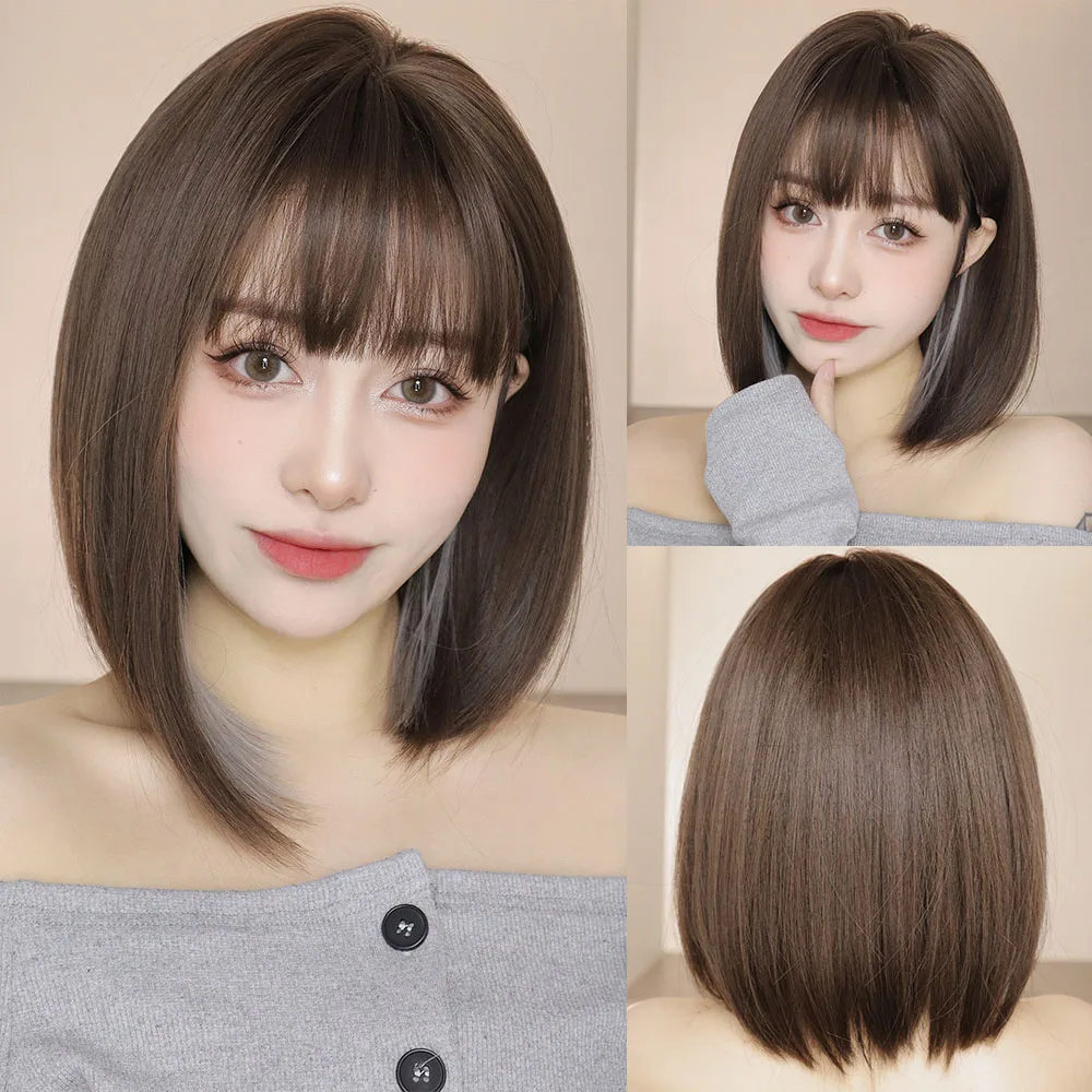 

Short Straight Brown Mixed Gray BoBo Synthetic Wigs with Bangs Natural Hair Wig for Women Heat Resistant Daily Use Cosplay Hair