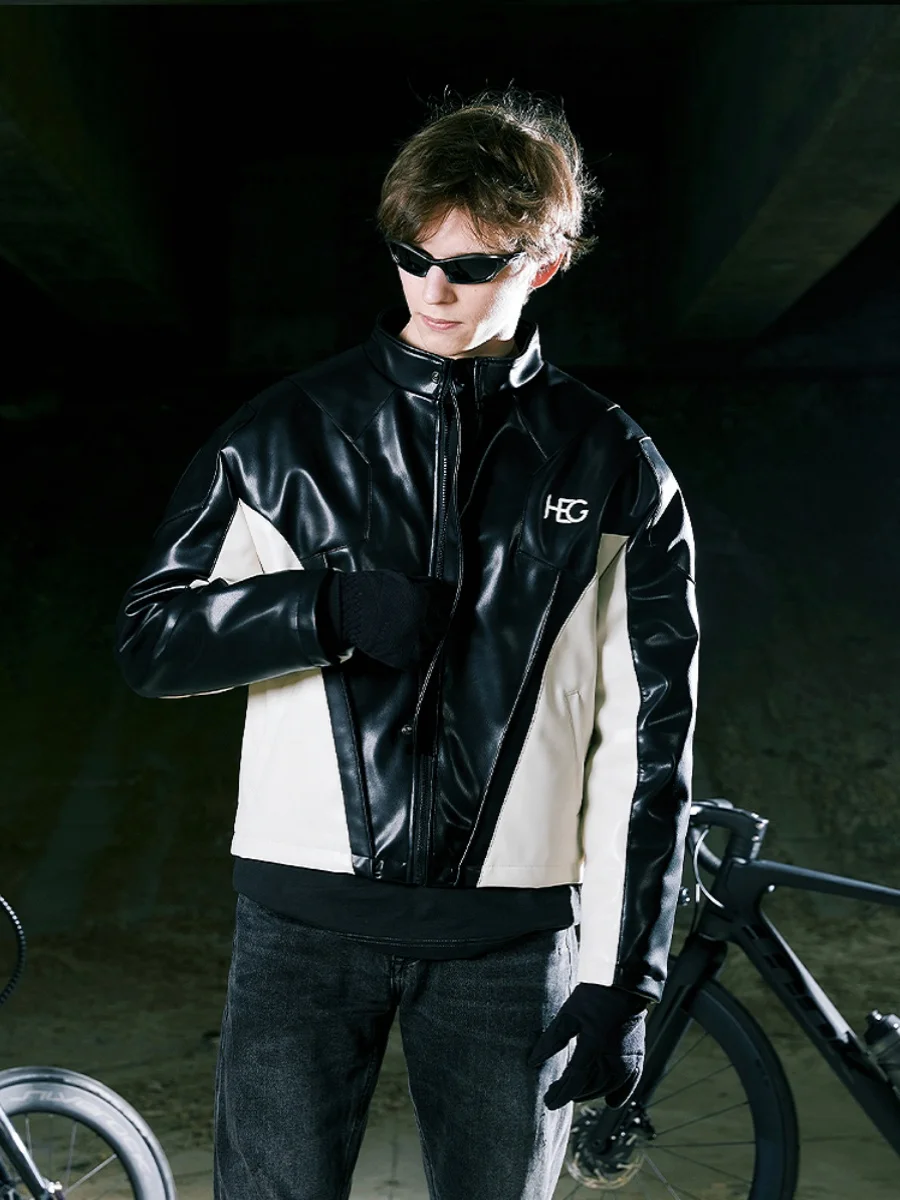 HEG Ci черно-белая лоскутная куртка из искусственной кожи для верховой езды теплая