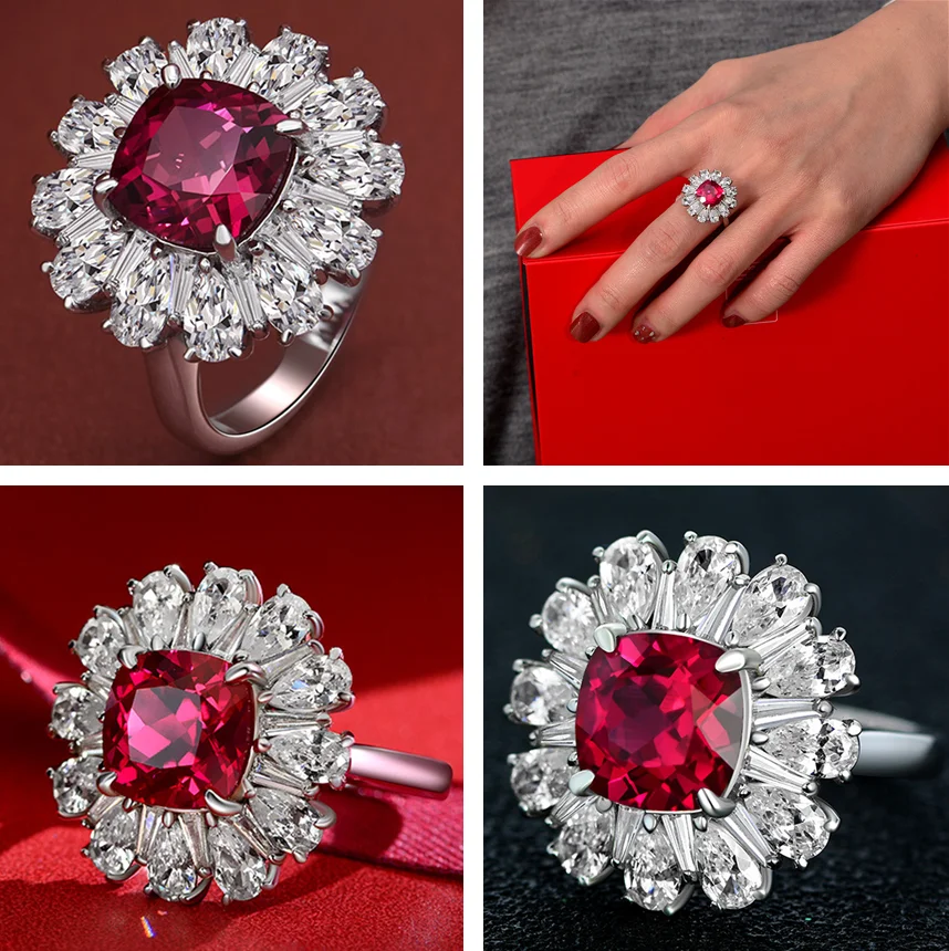 

New Deluxe Floral Red Cubic Zirconia Ring Women's Shiny Finger Accessories Anniversary Party Gift Premium Women's Jewelry