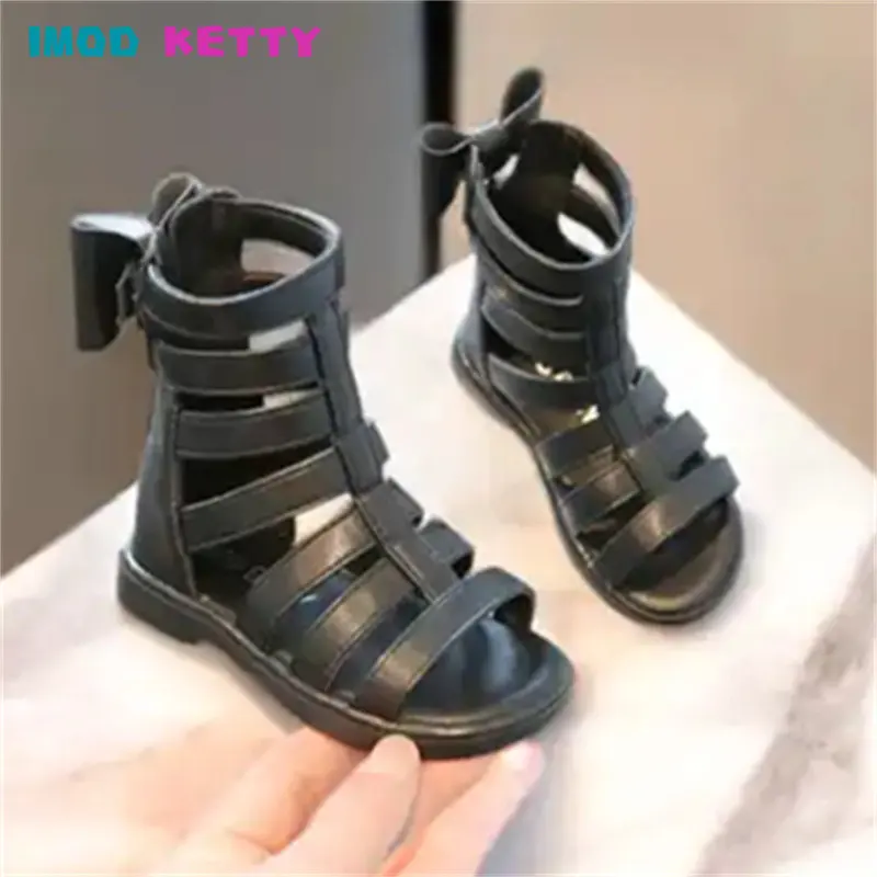 

Туфли для девочек в римском стиле, Новинка лета 2023, стильные модные детские универсальные сандалии в Корейском стиле для девочек, туфли принцессы с бантом, модные туфли