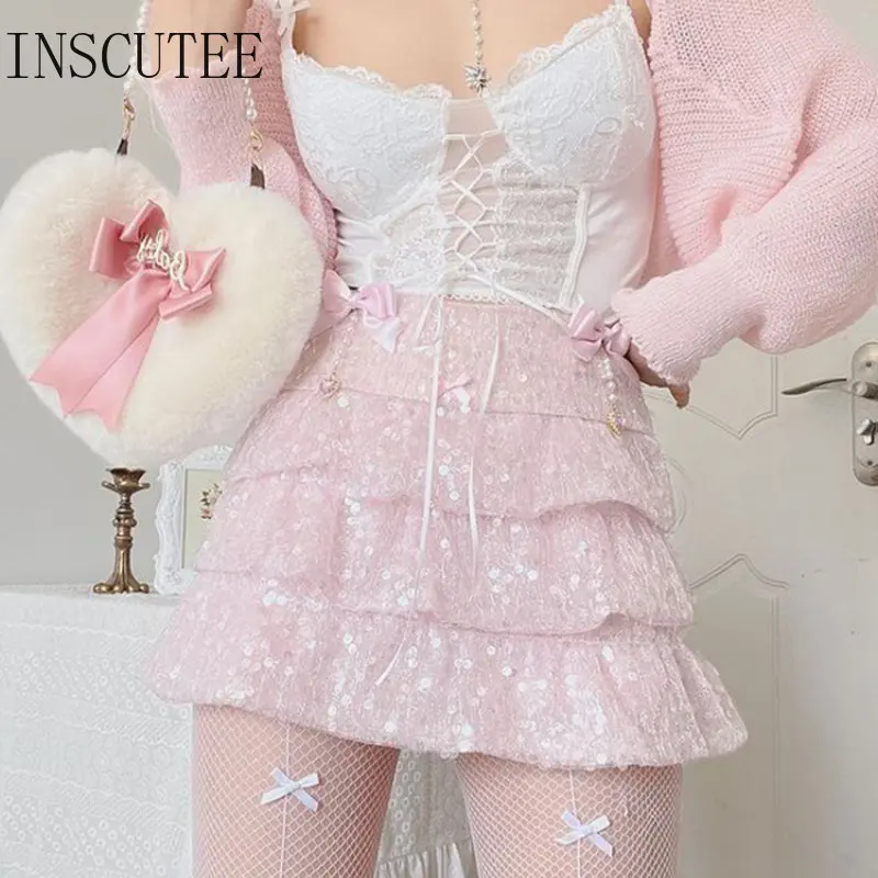

INSCUTEE Streetwear Sexy Sweet Skirt Women Fairy Grunge High Waist Sequin Mini Skirt Kwaii Emo Alternative Y2k Princess Skirts