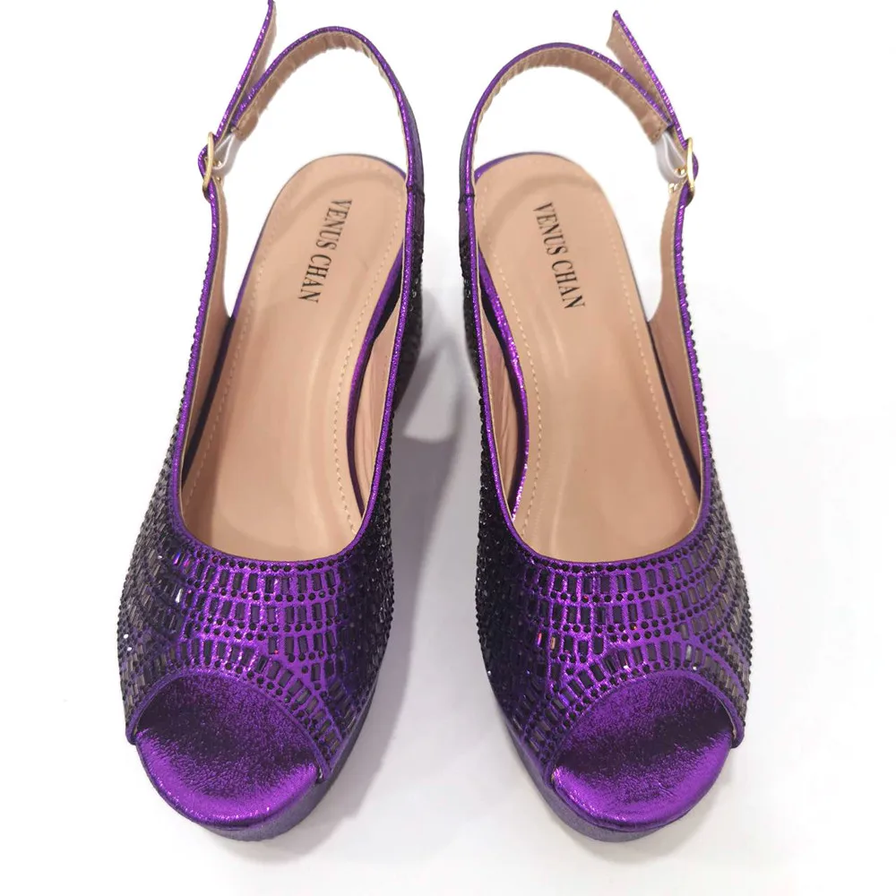 Venus Chan Latest Elegant Wedding Shoes for Women 2023 Platform High Heels Purple Full Drill Shoes With Matching Bag for Ladies