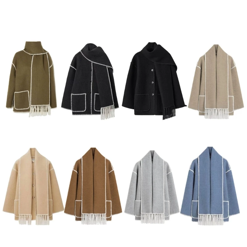 

Элегантное свободное женское пальто с шарфом, модное однобортное карманное пальто с длинным рукавом