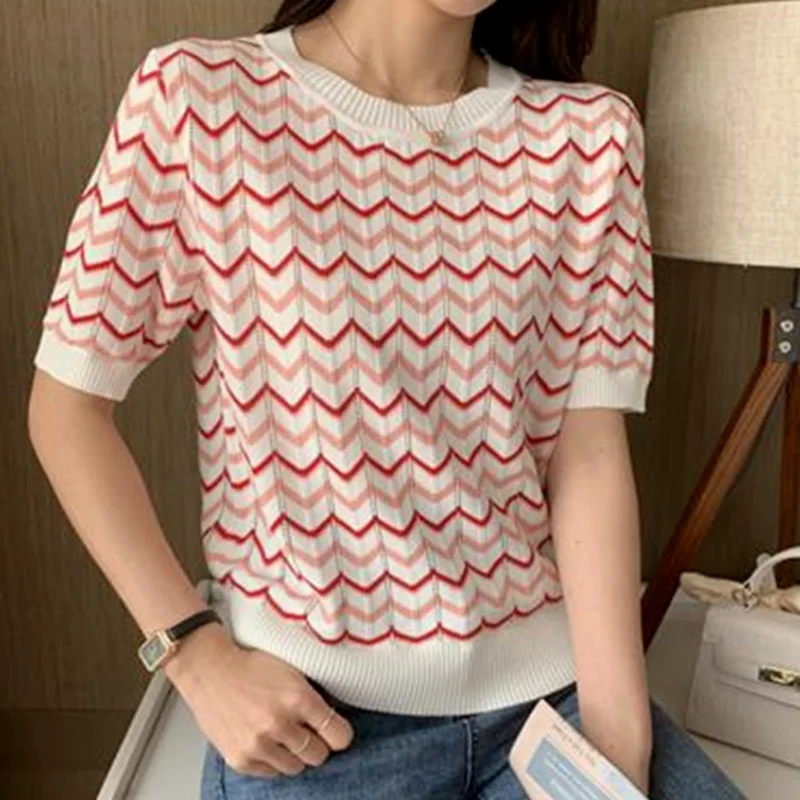 

Women Summer Thin Short T-Shirts Fashion Plus Size Female Casual Hollow Out Stripe Knitted Short Sleeve Tops O-Neck Tee Shirts