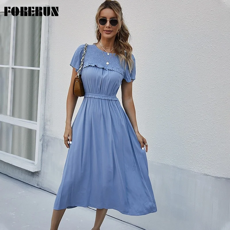 

FORERUN летнее Элегантное макси-платье, женское однотонное платье с коротким рукавом, богемное ТРАПЕЦИЕВИДНОЕ приталенное праздничное платье,...