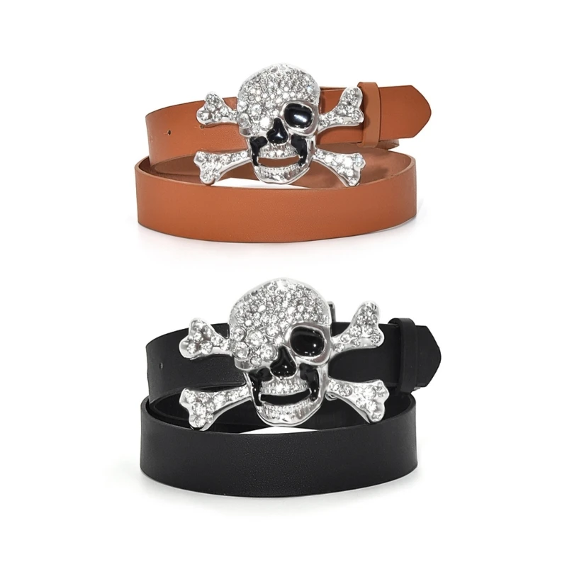 

N58F Skull Head Buckle Belts Woman Rock Style Y2k Girls Waist Belt for Jeans Men
