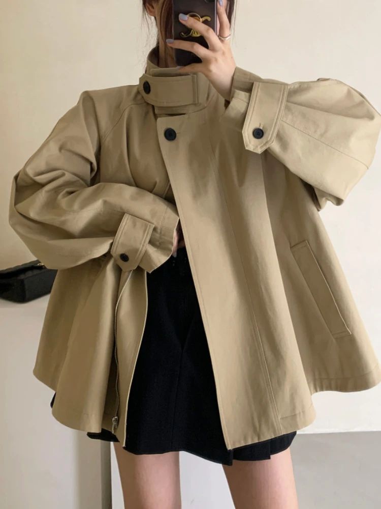 

Женский короткий тренчкот в Корейском стиле, свободное однотонное повседневное пальто на молнии с воротником-стойкой и длинным рукавом, 2022