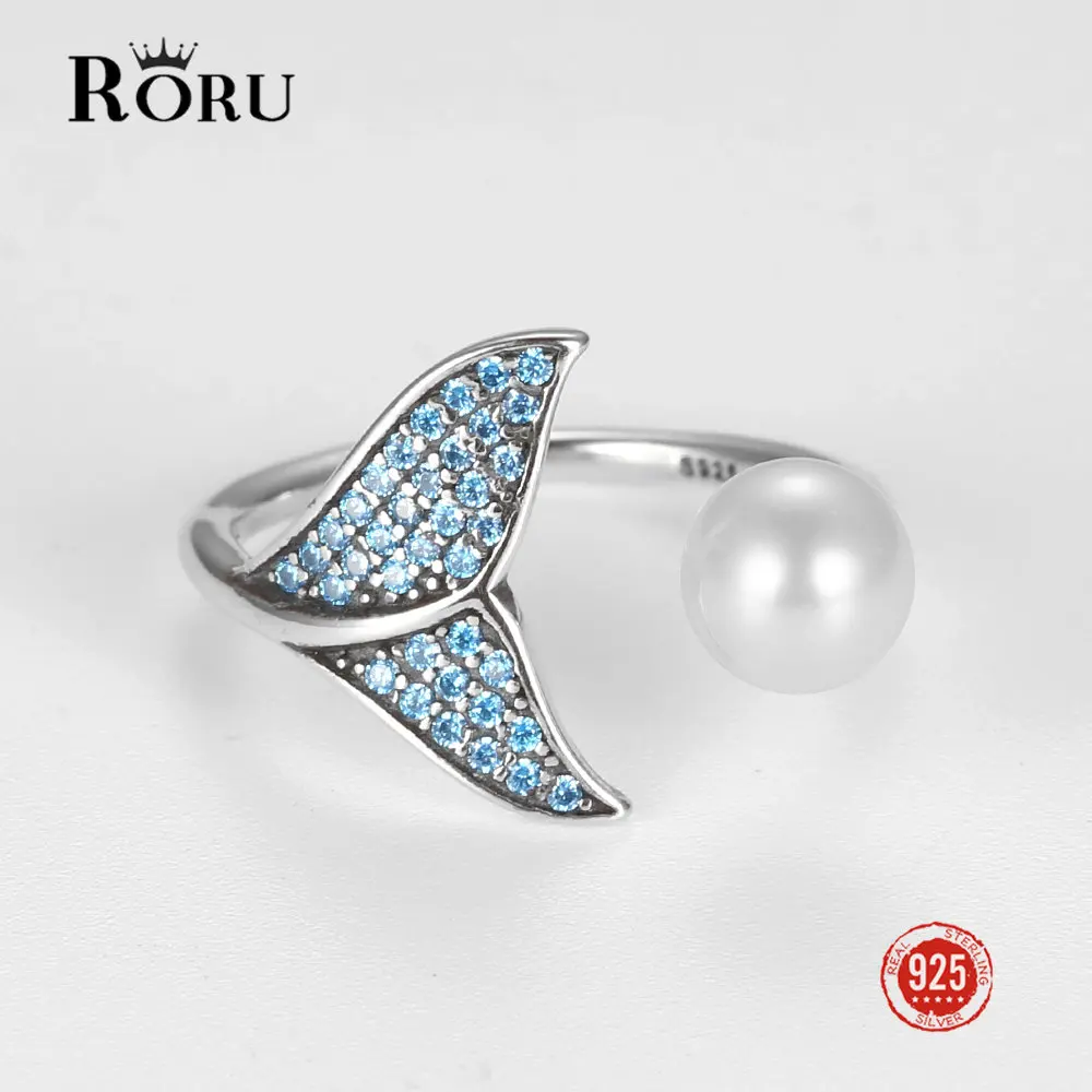 

Real S925 Silver Crystal Pearl Whale Tail Finger Rings Open Size CZ Romantic Engagement Jewelry Wedding Accessories for Women