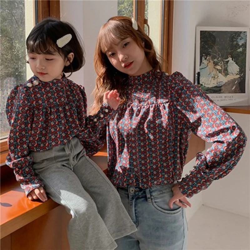 

Комплект одежды для мамы и дочки, с воротником-стойкой, винтажный, весенне-осенний, корейский, для родителей и детей