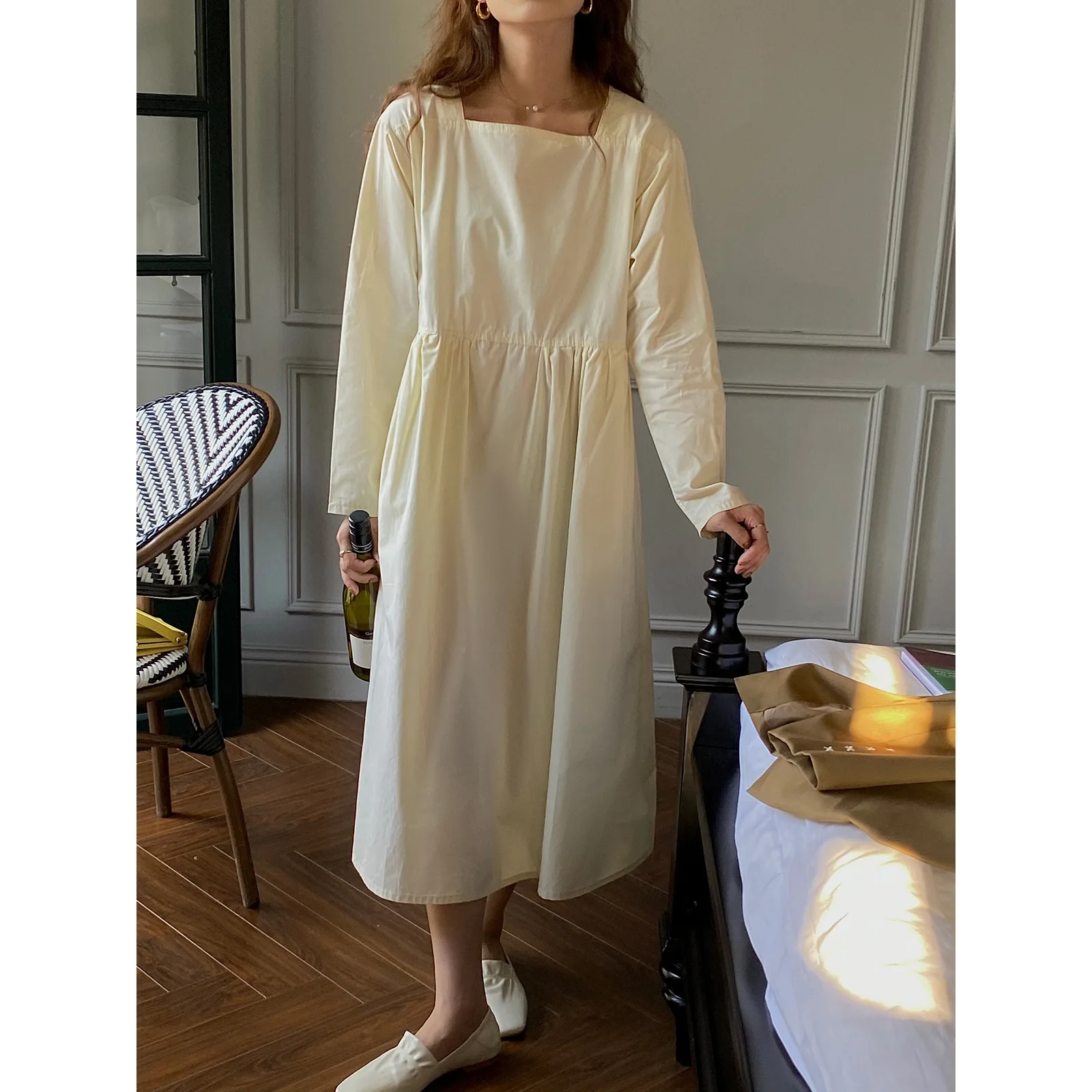 

Elegant Retro Dress with Square Collar and Long Sleeves for Women Spring/fall 2022 Korean A-line Slim Dress