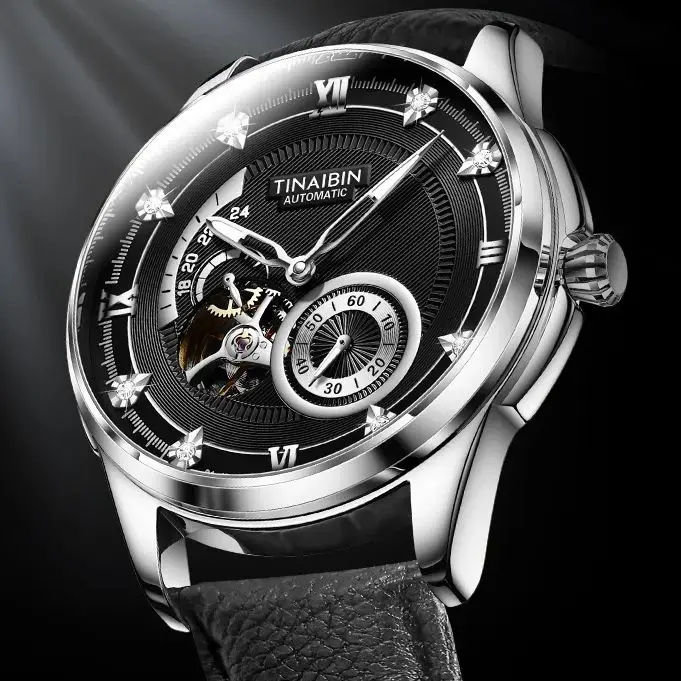 Мужские часы Top Skeleton Roman Diamond с автоматическим механизмом кожаные