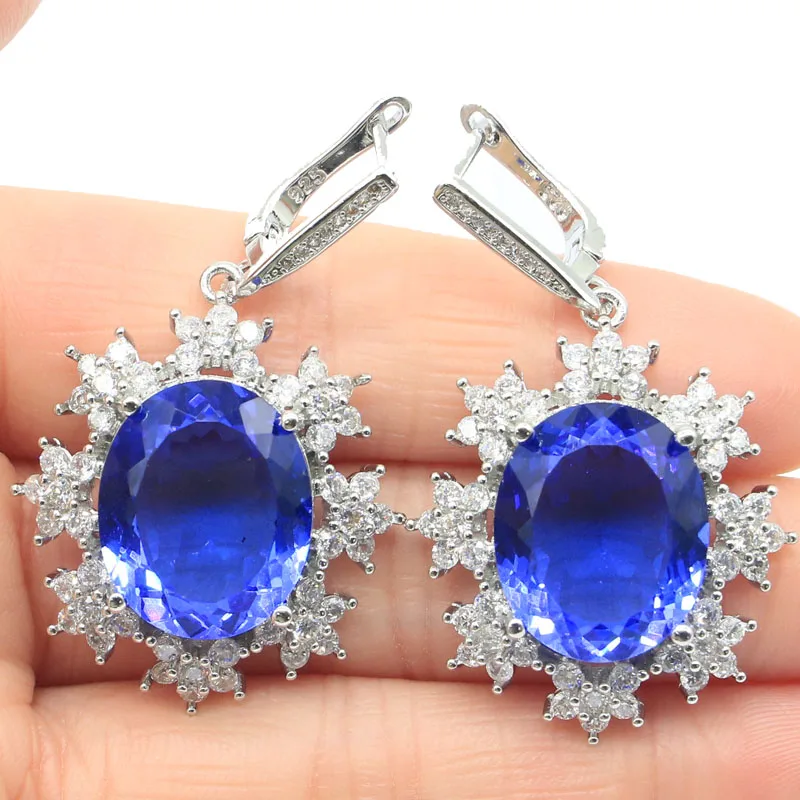 

45x27mm Romantic Oval Gemstone Rich Blue Violet Tanzanite Red Blood Rubies White CZ Bride Wedding Silver Earrings