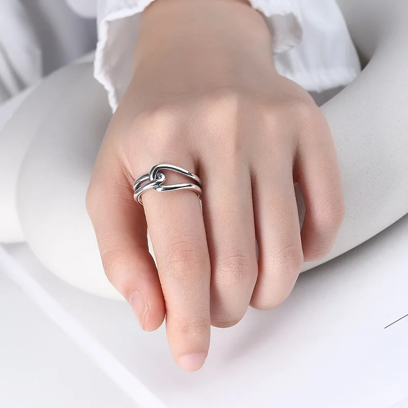 

Korean Style S925 Sterling Silver Marcasite Ring Vintage Trendy Unique Women'S Double-Layer Interwoven Open Ring Simple Jewelry