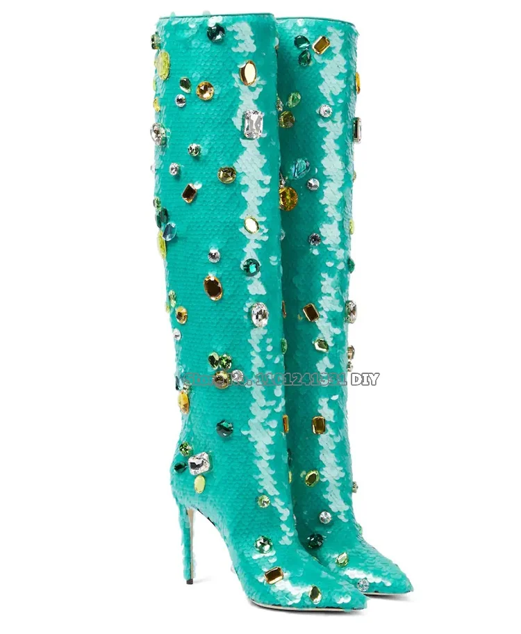 Colorful Gemstone Decor High Heel Knee High Boots Women Turquoise Green Thin High Heeled Pointy Toe Long Bota Feminina