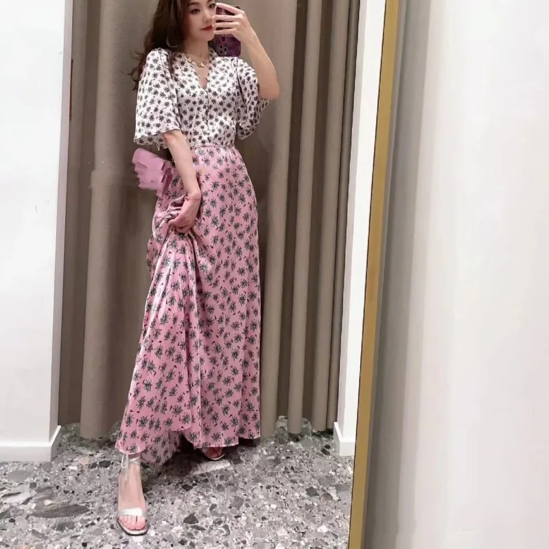 

Women Ankle Length Dress Printed Cutout Waist Sweet Robe