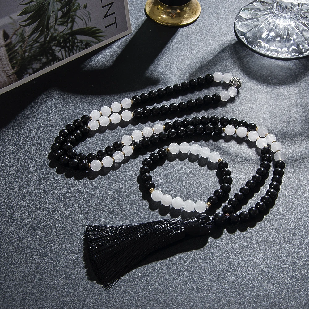 

8mm Natural Black Onyx White Jade 108 Mala Beaded Necklace Meditation Yoga Prayer Japamala Jewelry Set For Men And Women