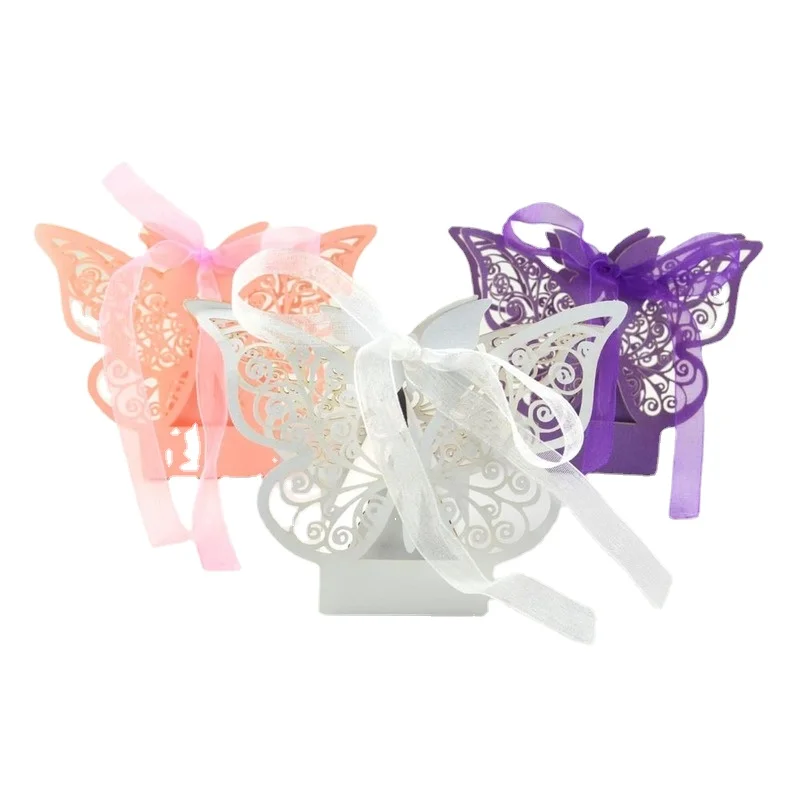

50Pcs Butterfly Laser Hollow Gift Candy Box with Ribbons Creative European Wedding Event Party Supplies Pearl Gift Box Packaging