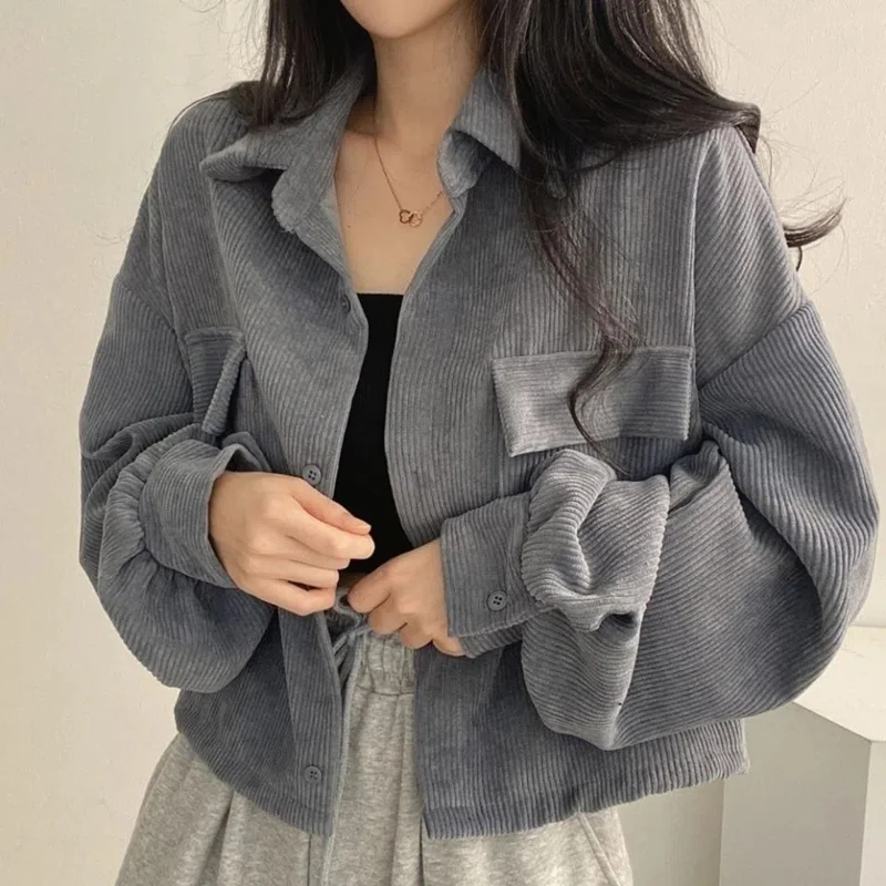 

MEXZT Y2k Vintage Corduroy Blouse Women Korean Fashion Oversize Loose Pockets Shirts Autumn Winter All-match Streetwear Tops