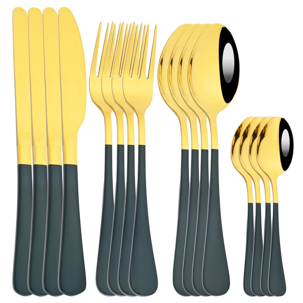 

16pcs Green Gold Cutlery Set Stainless Steel Dinnerware Sets Bright Light Dinning Fork Spoon Knife Kitchen Home Tableware Set