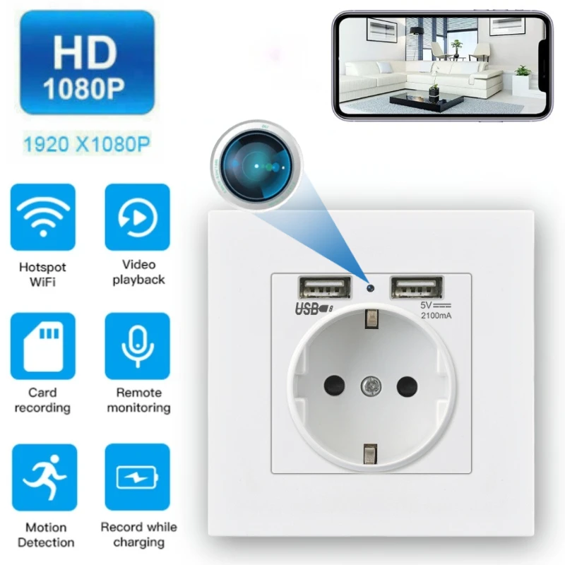 

EU 1080P Dual Usb Wall Outlet Camera Full HD Mini Camera Household USB Power Outlet 5V 2A PC Panel Home Security Nanny Cam