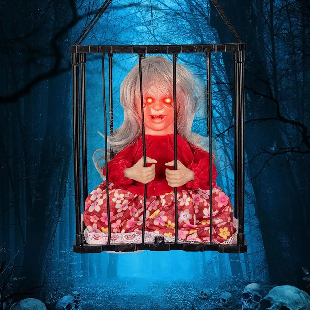 

Halloween Prisoner Ghost In Cage Scary Skull Prop Skeleton Electric Toy Glowing Eye Sound Doll Hangable Talking Ghost Decoration