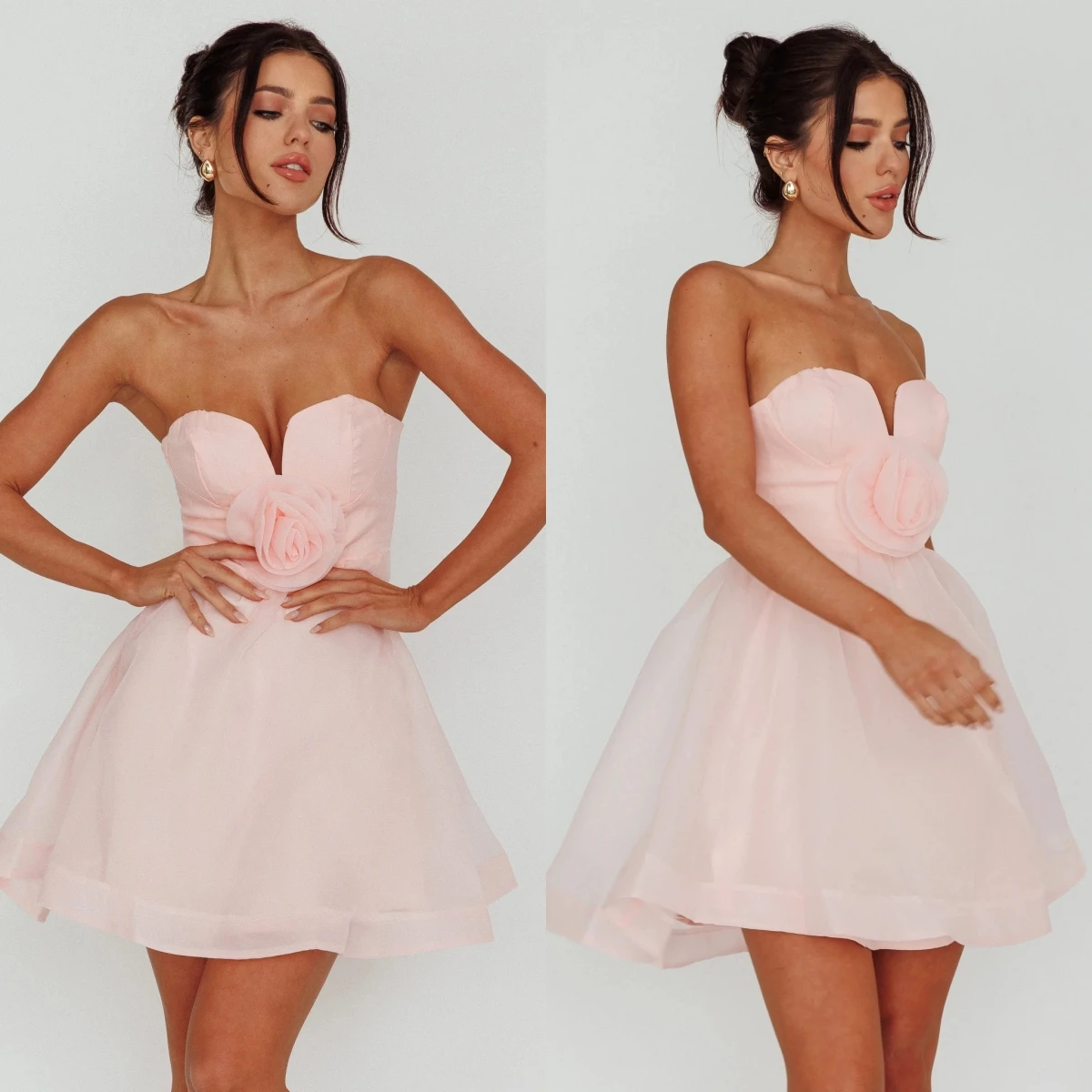 

Шифоновое Короткое свадебное платье без бретелек, с цветочным принтом