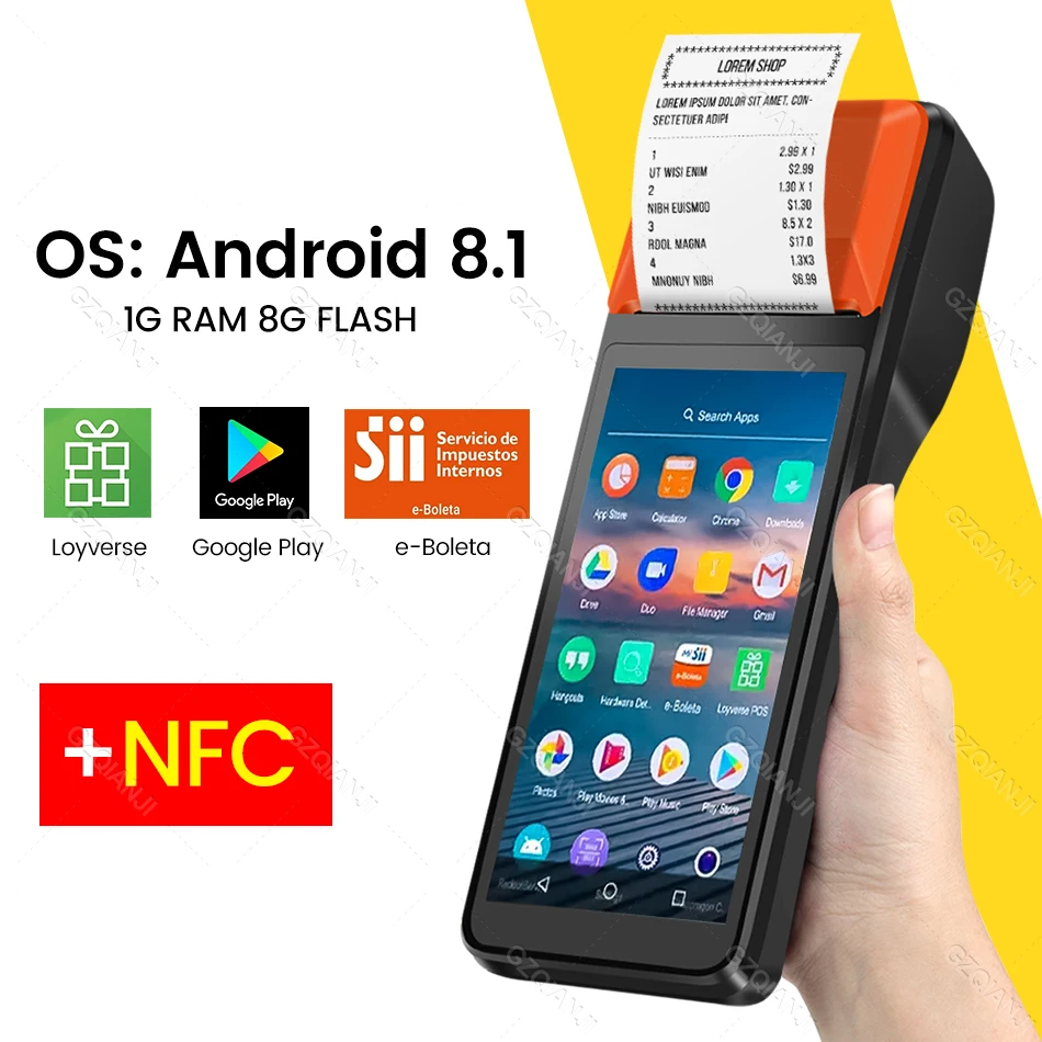 

Терминал POS-терминал на Android 8,1, КПК, 5,0 дюйма, сенсорный экран, встроенный 58 мм Bluetooth Термопринтер для чеков, поддержка Wi-Fi, GPS