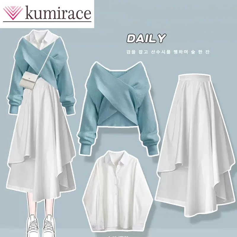 

Gentle Style Set 2023 Autumn Female Student Korean Design Cross Sweater+Shirt+Half Skirt Three Piece Set Party Dressesskirt Sets